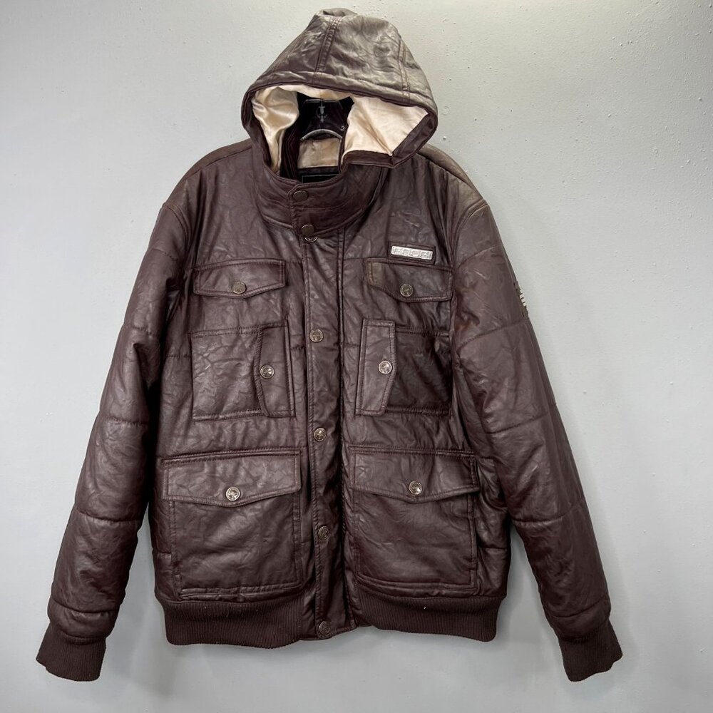 Coogi Pleather Coat Jacket XL Men Hooded Cargo Pockets Zip Snap Brown FLAW